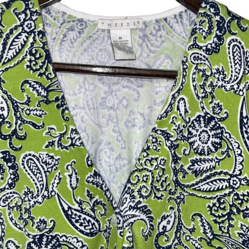 Tweeds Button Cardigan Green Paisley 3/4 Sleeve Sweater Women's Size Medium - Picture 2 of 5